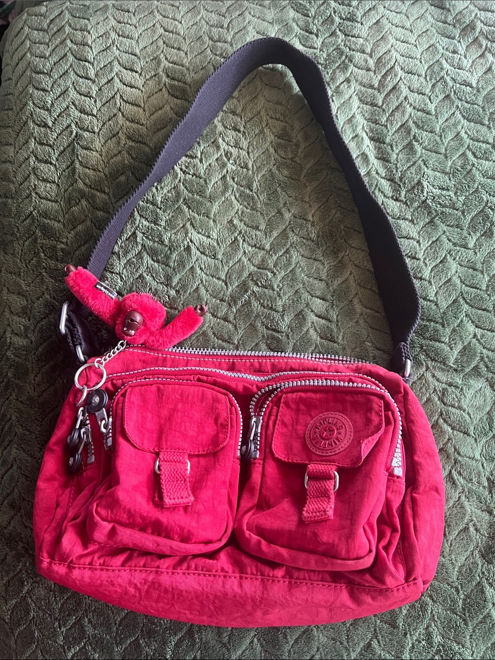 Kipling Red Nylon Crossbody Shoulder Bag with Monkey Charm